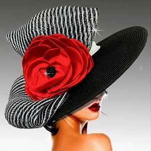 Exquisite Black White Stripe Wide Brim Red Flower Hat Kentucky Derby Chur…